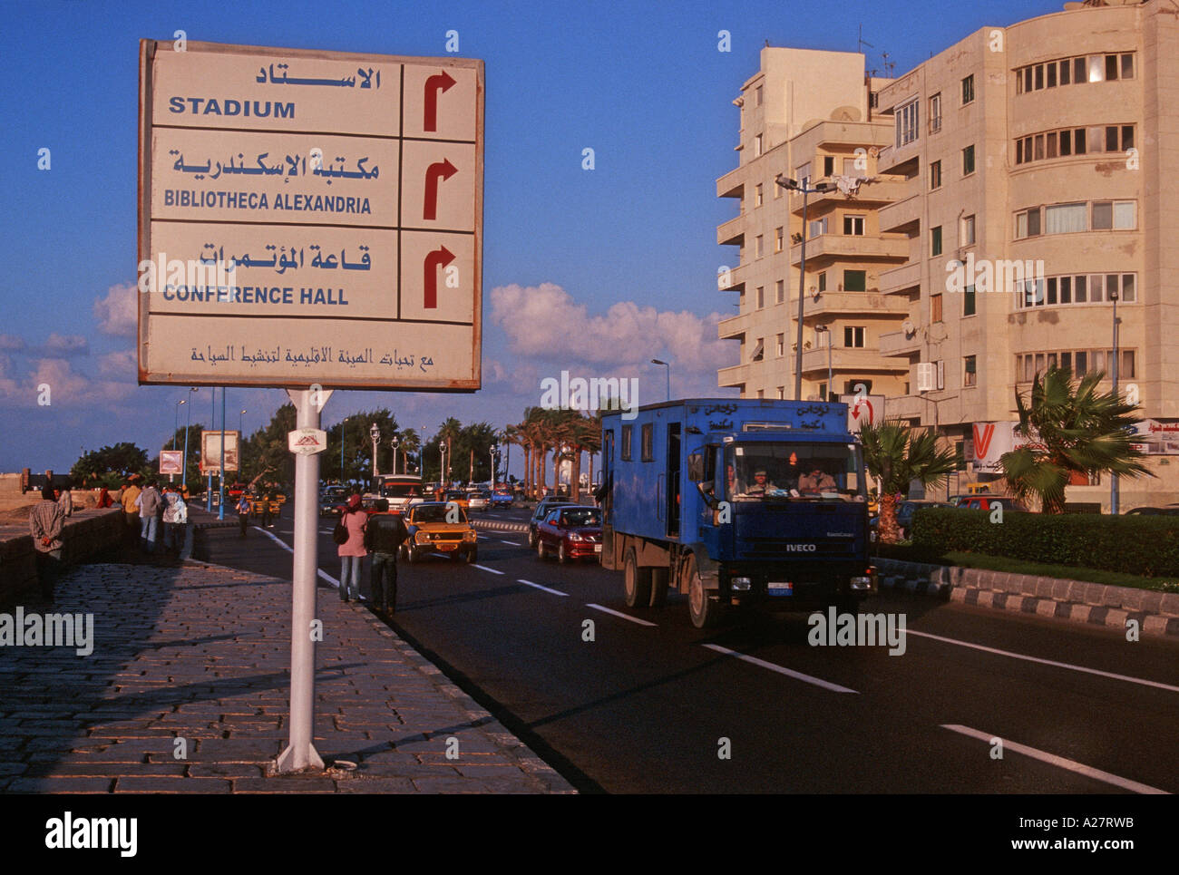 road sign along the corniche of Alexandria Egypt Stock Photo