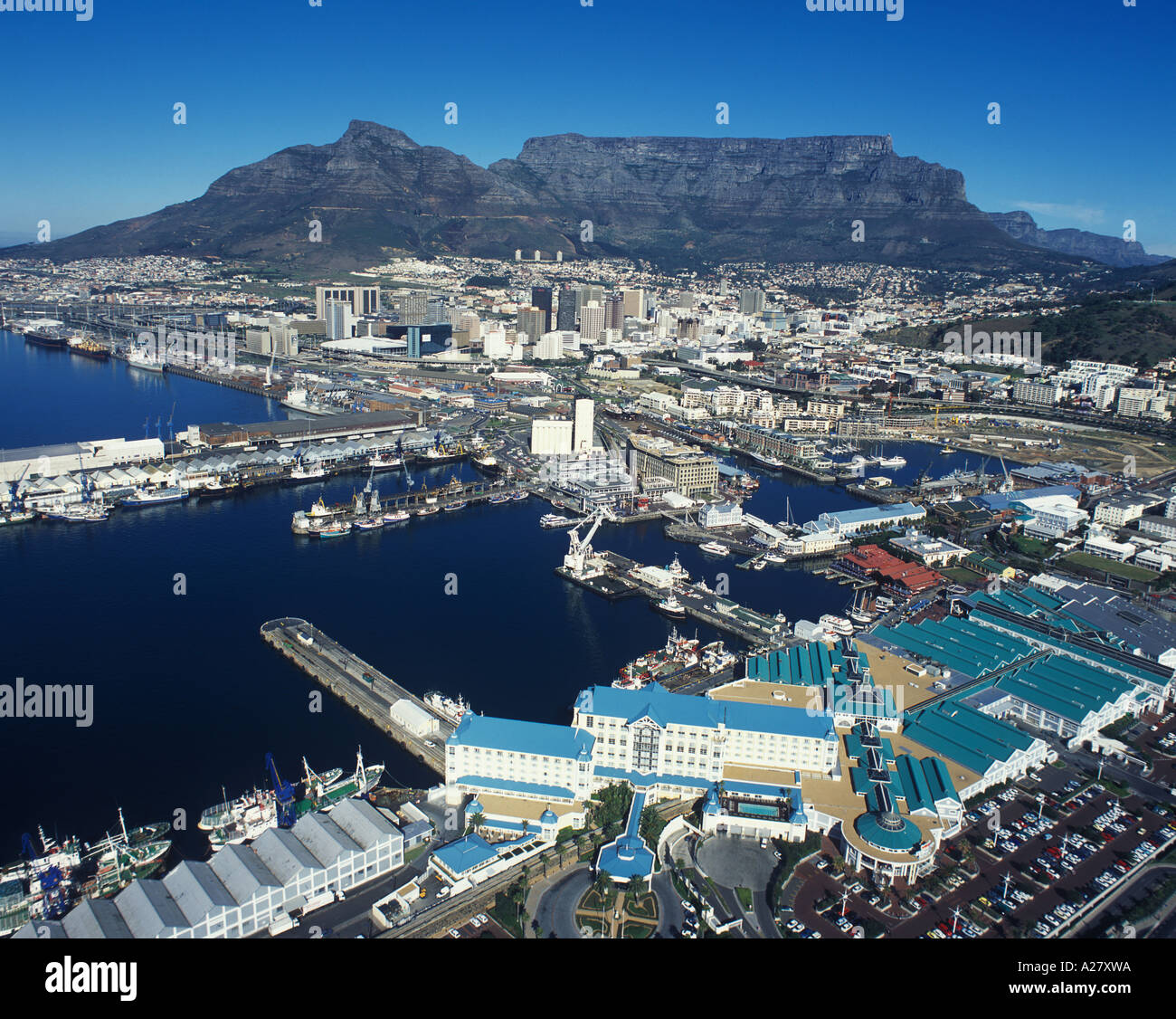 Cape Town Harbour and Waterfront with city and Table Mountain in background Cape Town South Africa Stock Photo
