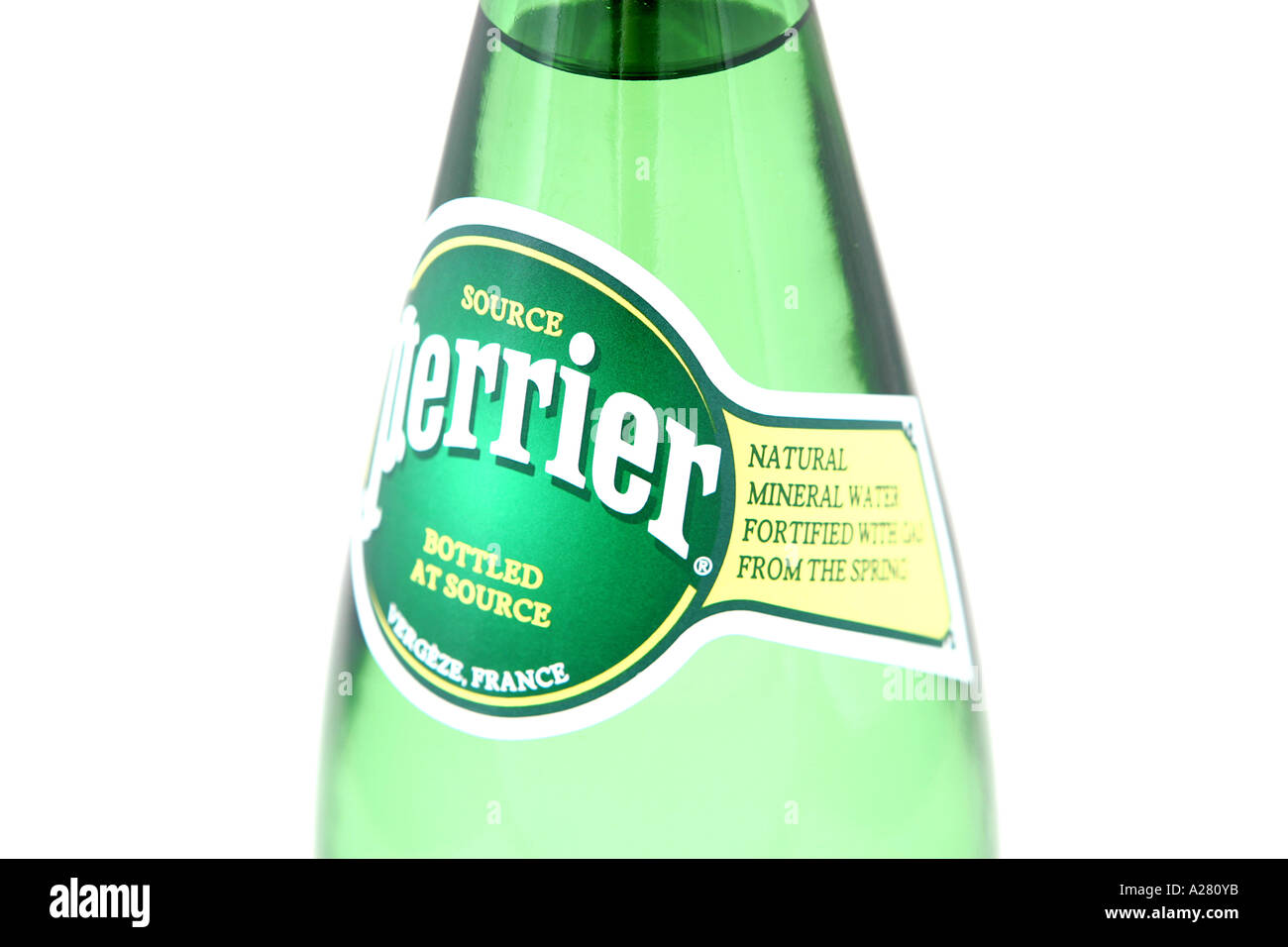 PERRIER WATER CLOSE UP ON WHITE BACKGROUND Stock Photo