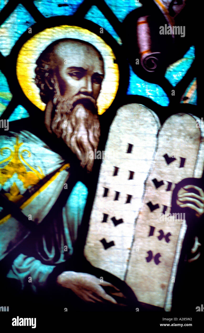 Moses Prophet With Ten Commandments stained glass window St Martin's Church Epsom Surrey Stock Photo