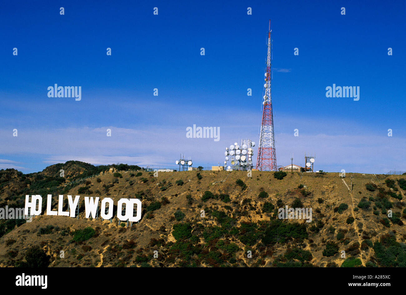 The Hollywood sign in Los Angeles, California along with radio, television, and cell phone towers. Stock Photo