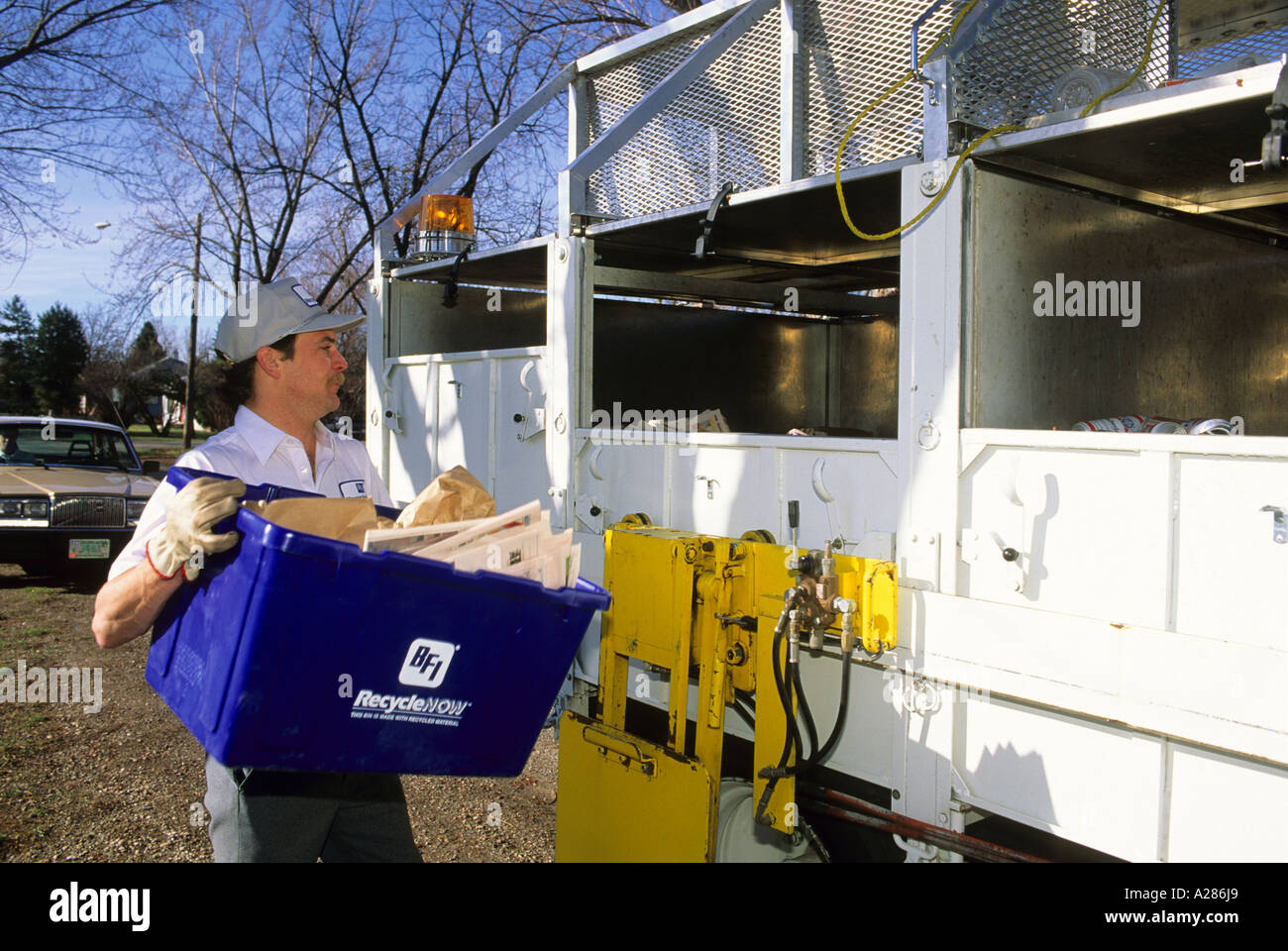 A recycling bin being emptied into a recycling truck in Boise, Idaho