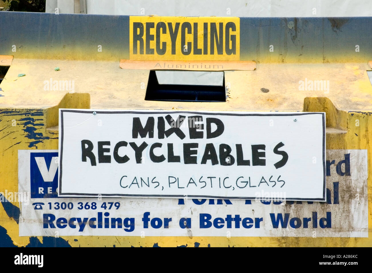 Hand painted quirky sign on recycling bin, Woodford Folk Festival, Queensland, Australia. DSC 7997 Stock Photo