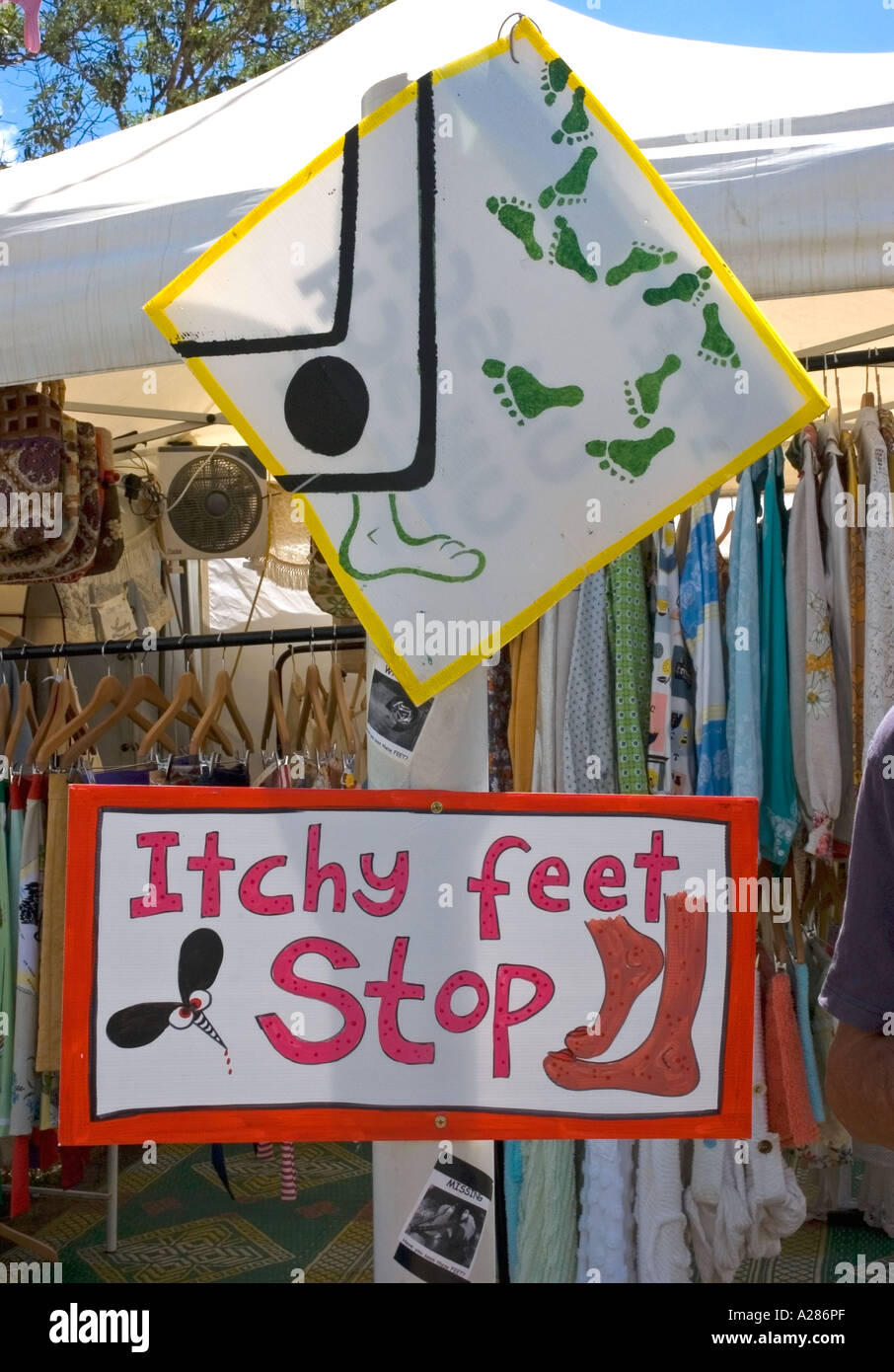Hand painted quirky signs for Itchy feet, Woodford Folk Festival, Queensland, Australia. DSC 8032 Stock Photo