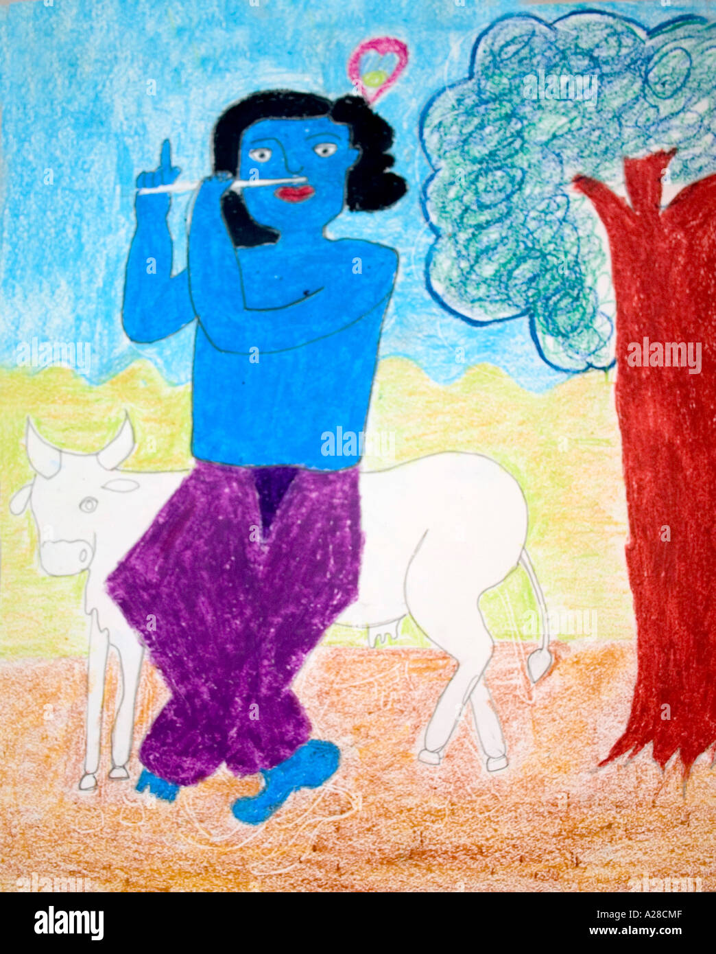 RSC76716 Oil pastel painting of Lord Krishna playing flute with cow near tree Stock Photo