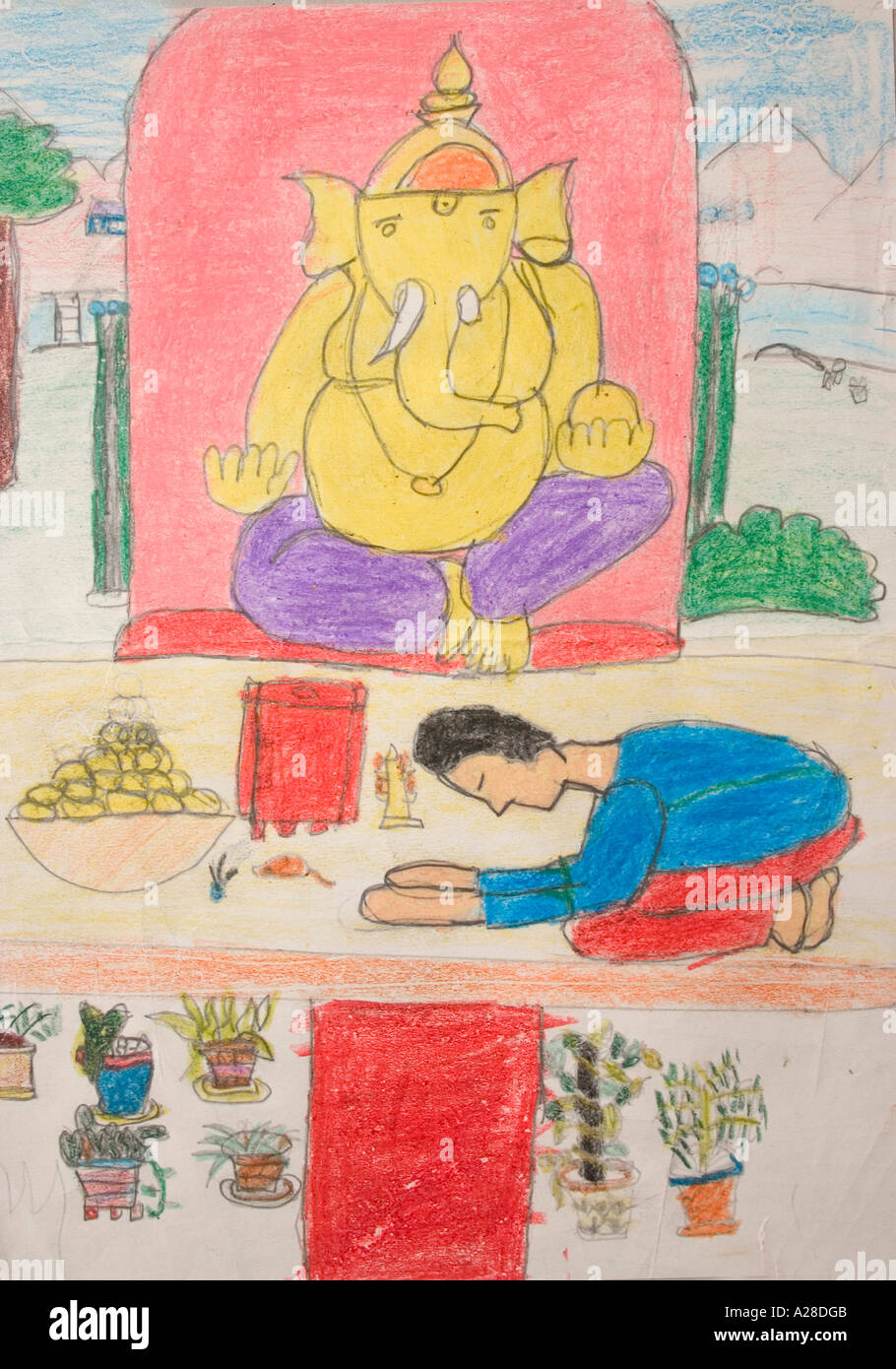 RSC76711 Oil pastel painting of Lord Ganesh worship man bowing to the idol of God India Stock Photo