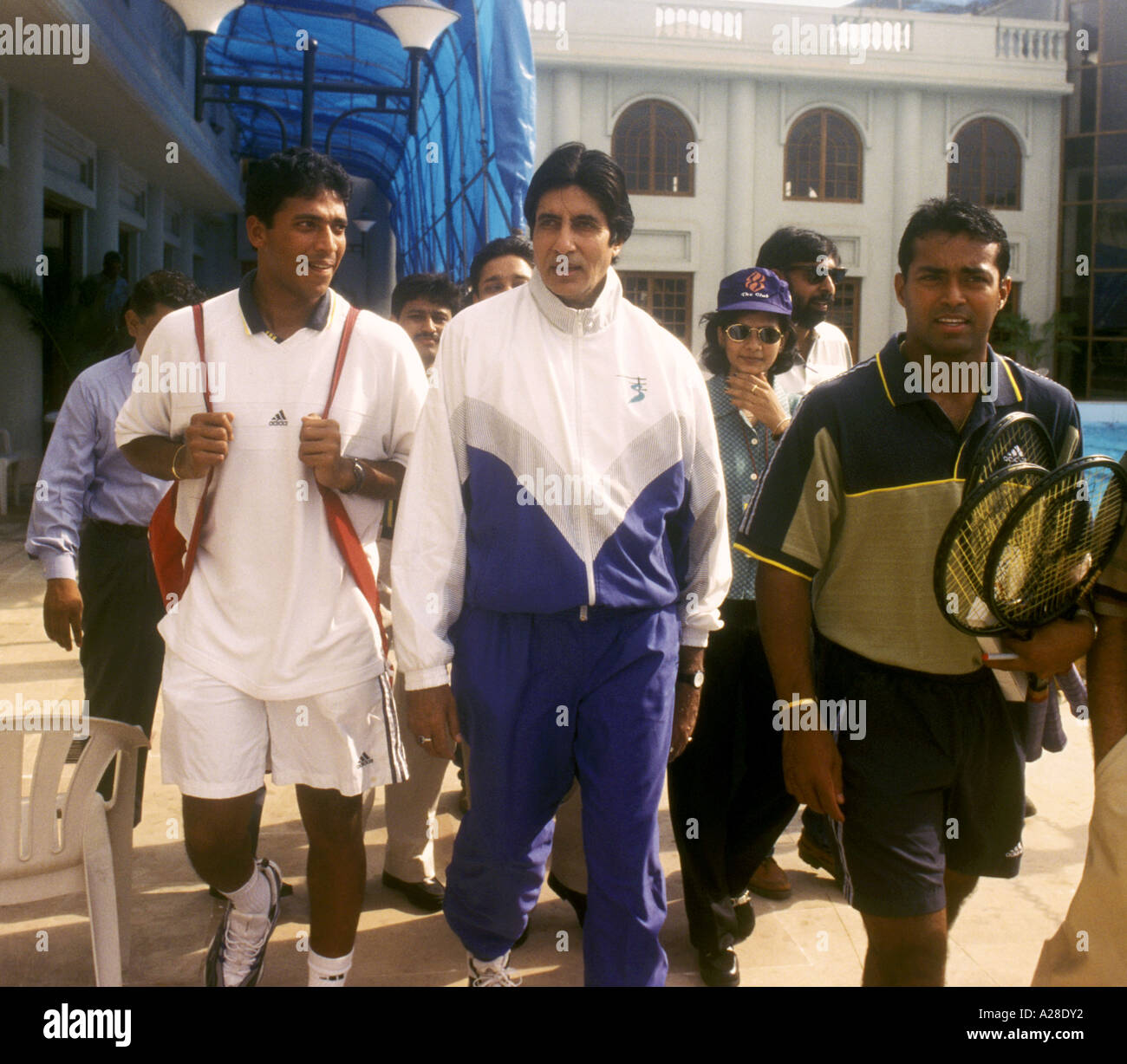 Indian Bollywood Film Star Actor Amitabh Bachchan with tennis champions Mahesh Bhupathi and Leander Paes Stock Photo