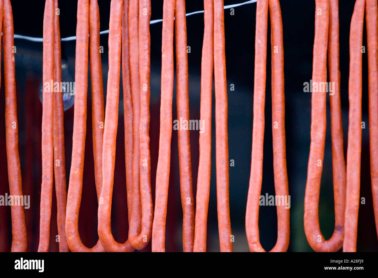 Lengths Of Chorizo Sausage Hanging On A Stall At The Santo Tomas Saint