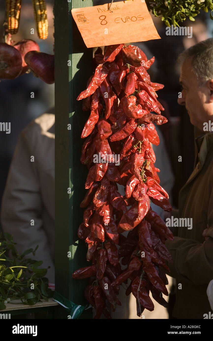 Dried peppers on a market stall in the sunshine Santo Tomas Saint Thomas celebration Bilbao Spain Stock Photo