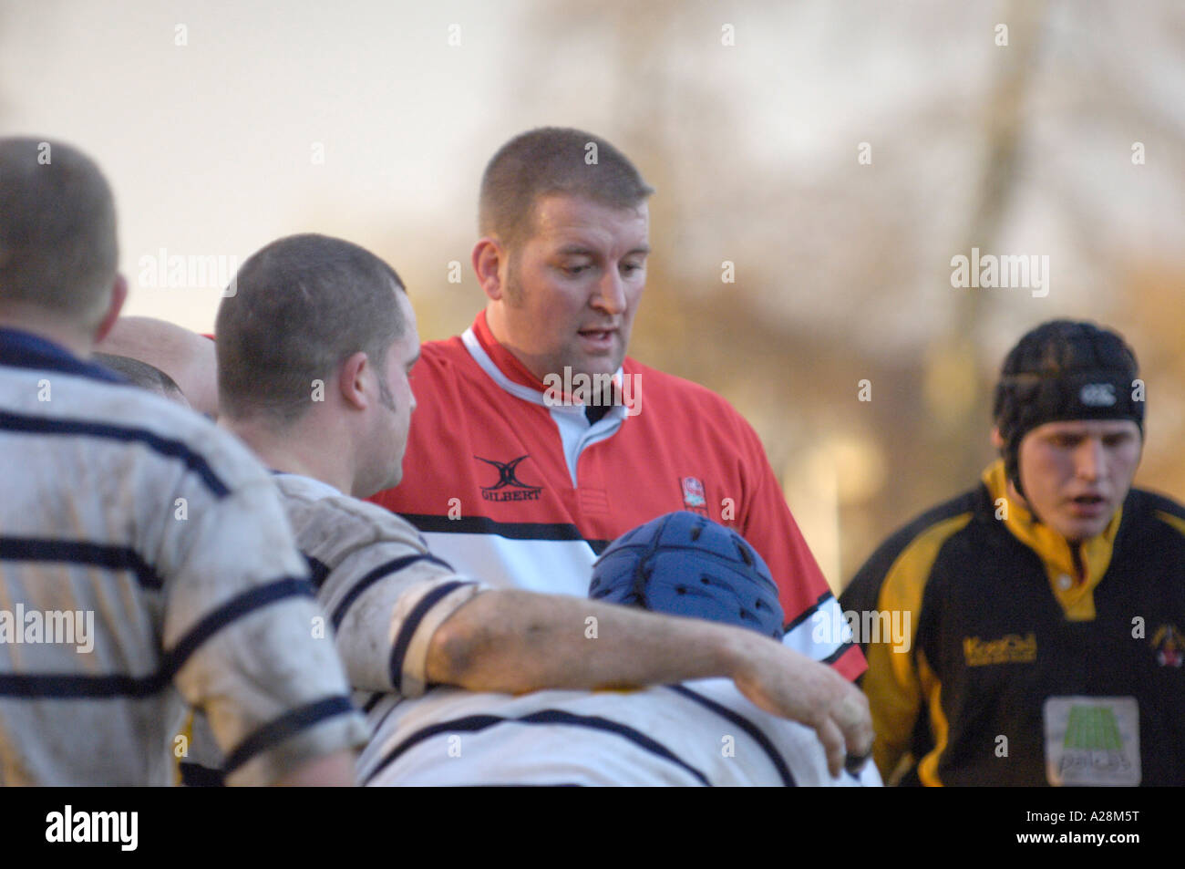 Rugby Referee supervises Scrum Stock Photo Alamy