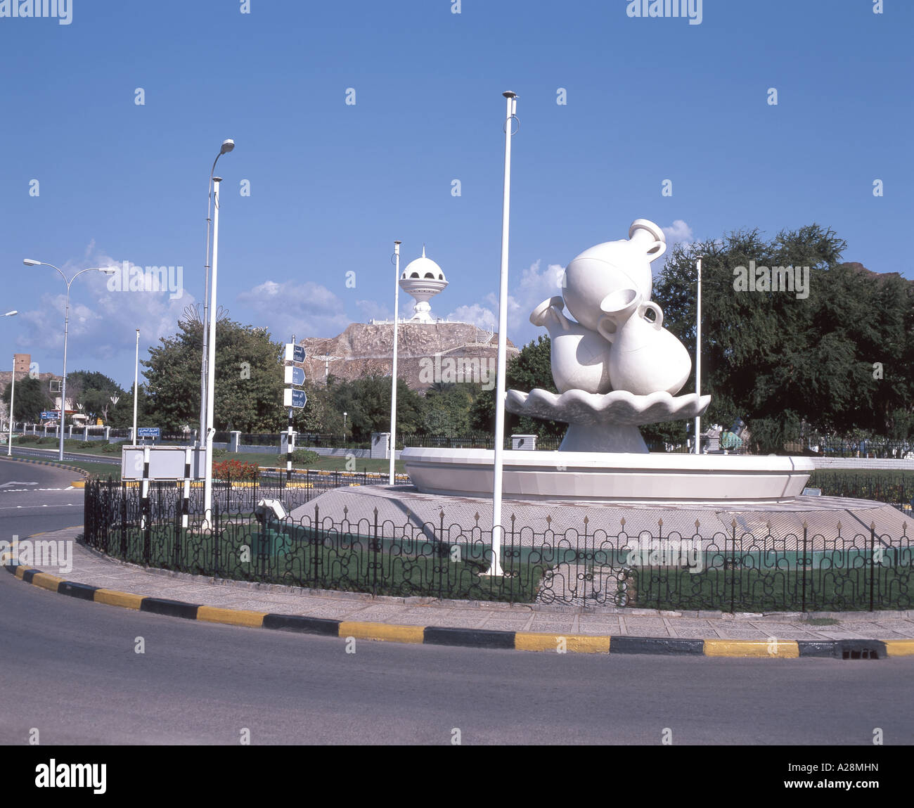 Traffic roundabout fountain and 'Incense Burner' Monument, Riyam City, Muscat, Masqat Governorate, Sultanate of Oman Stock Photo