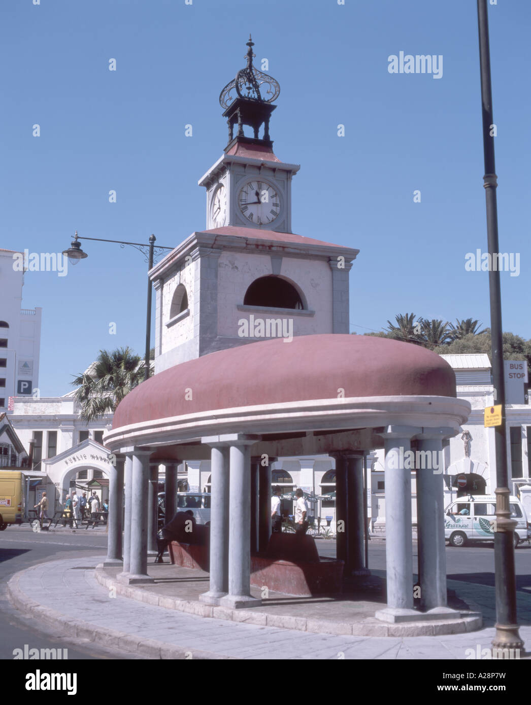 Colonial bus shelter and Public Market, Gibraltar Town, Gibraltar Stock Photo