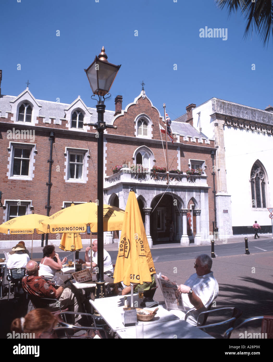 The Convent (Governor's Residence) showing street cafe, Gibraltar Town, Gibraltar Stock Photo