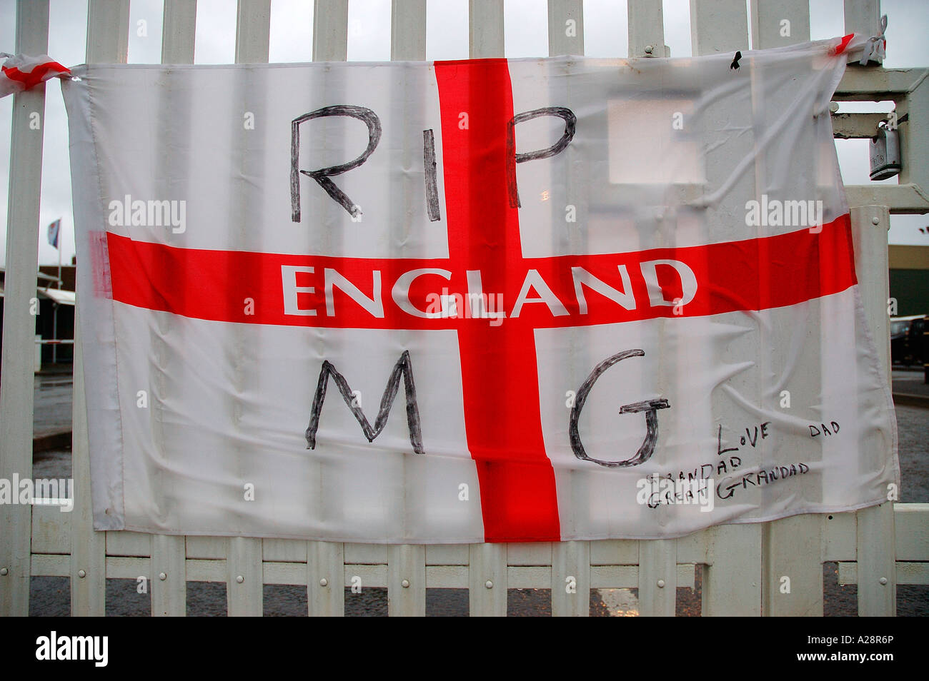 England flag with RIP MG written on it Stock Photo - Alamy