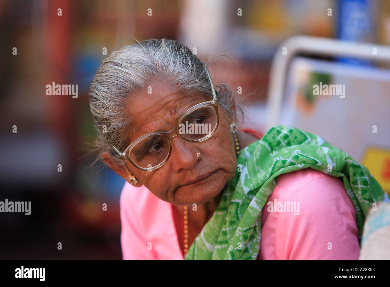 Portrait Of  Old Woman On Street Mapusa City Goa India Stock Photo