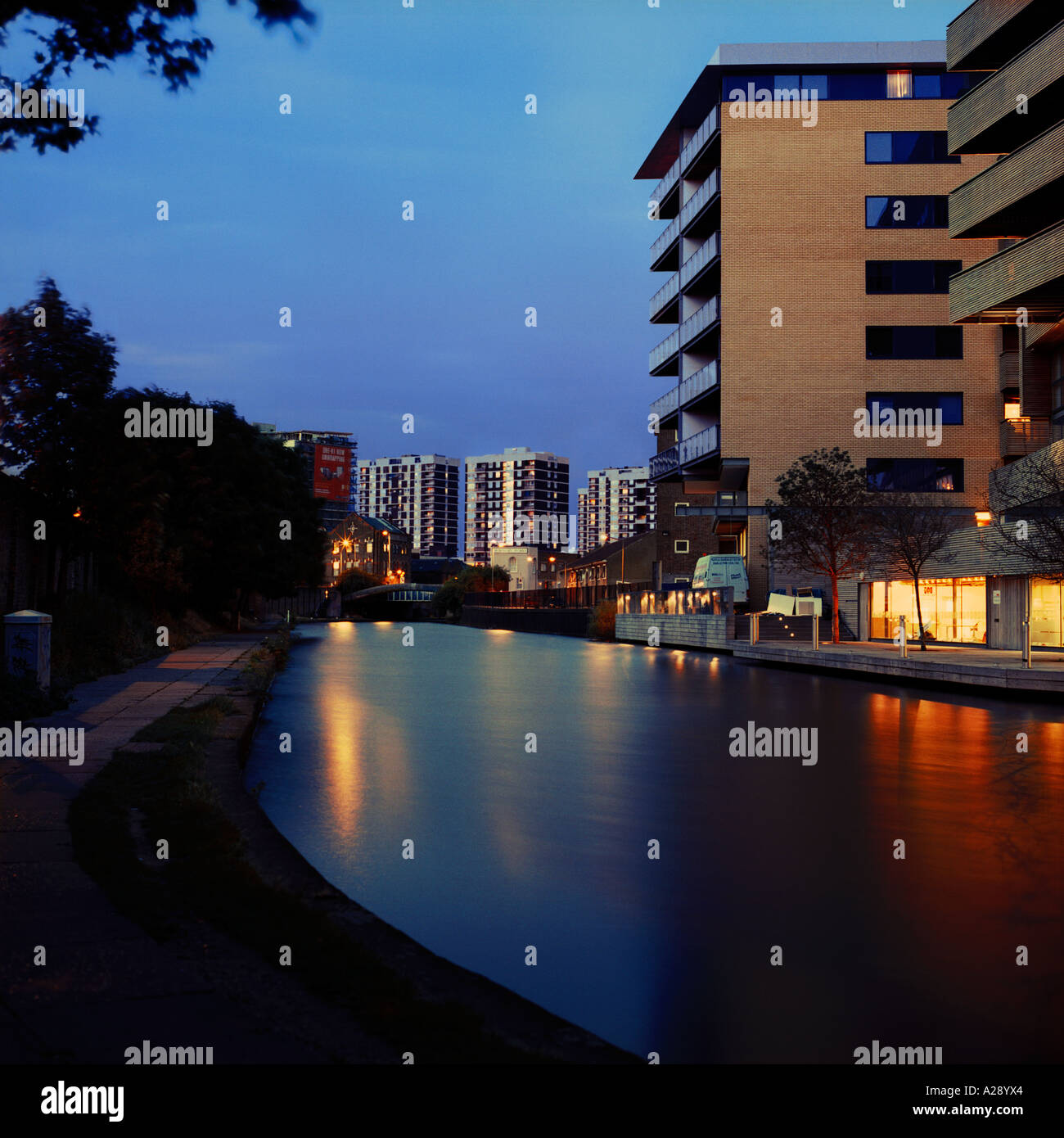 dusk shot of Gainsborough Studios apartment block, north London, inc