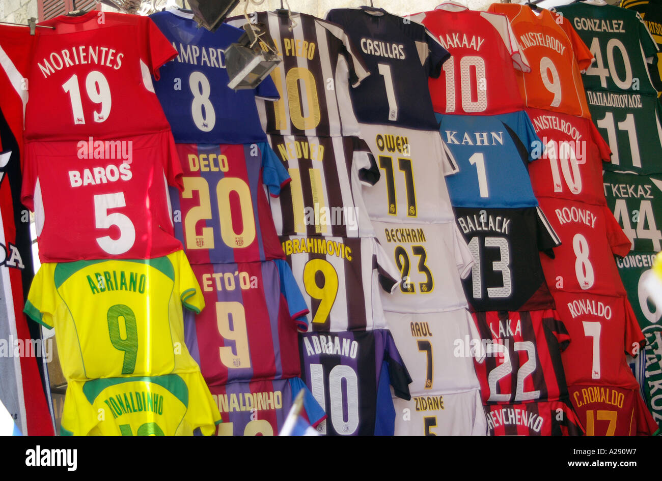 Replica football shirts on sale outside shop in Rhodes Town GREECE Stock  Photo - Alamy