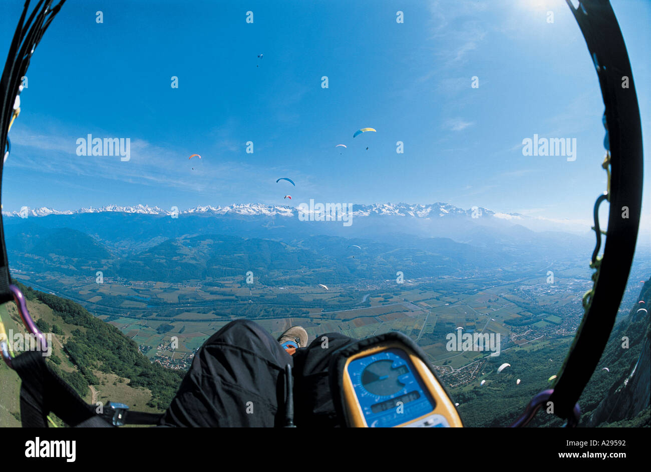 Panoramic shot of paragliding above the alps France showing altimeter Stock Photo