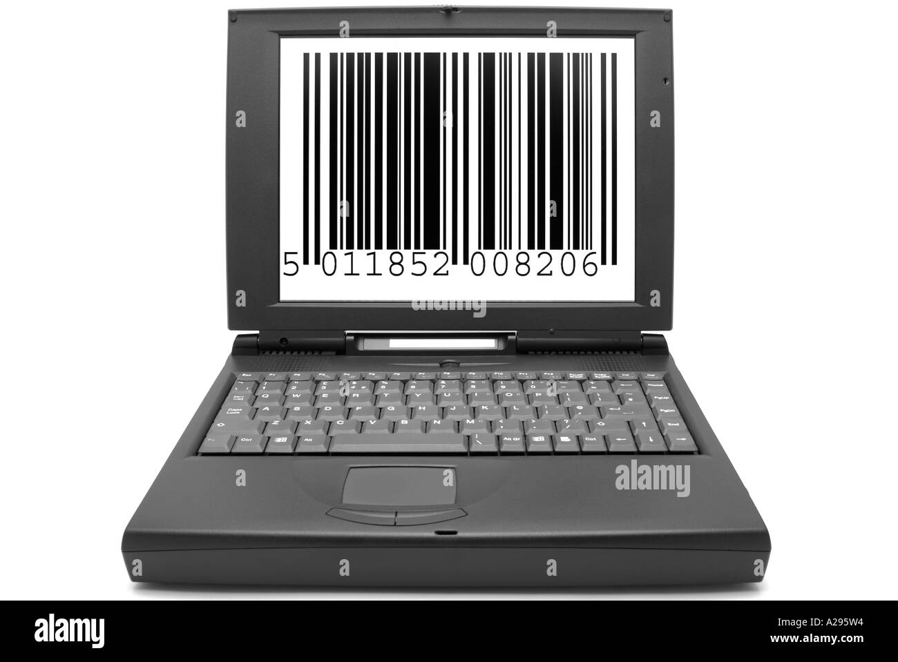 Laptop Computer with a Barcode Displayed on the Monitor Stock Photo
