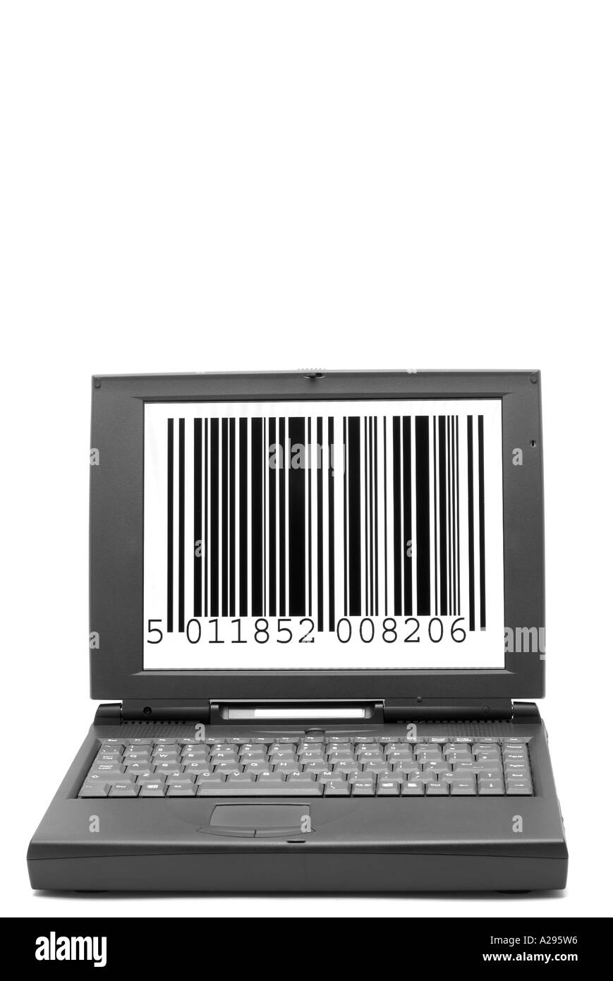 Laptop Computer with a Barcode Displayed on the Monitor Stock Photo
