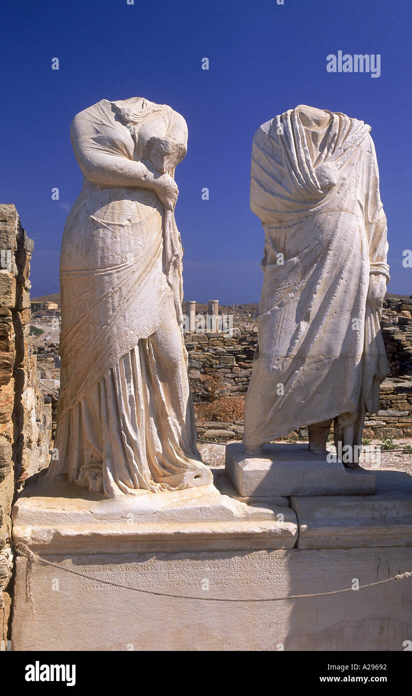 Headless statues of Cleopatra and Dioscrides on Delos Cyclades Islands Greece G Hellier Stock Photo