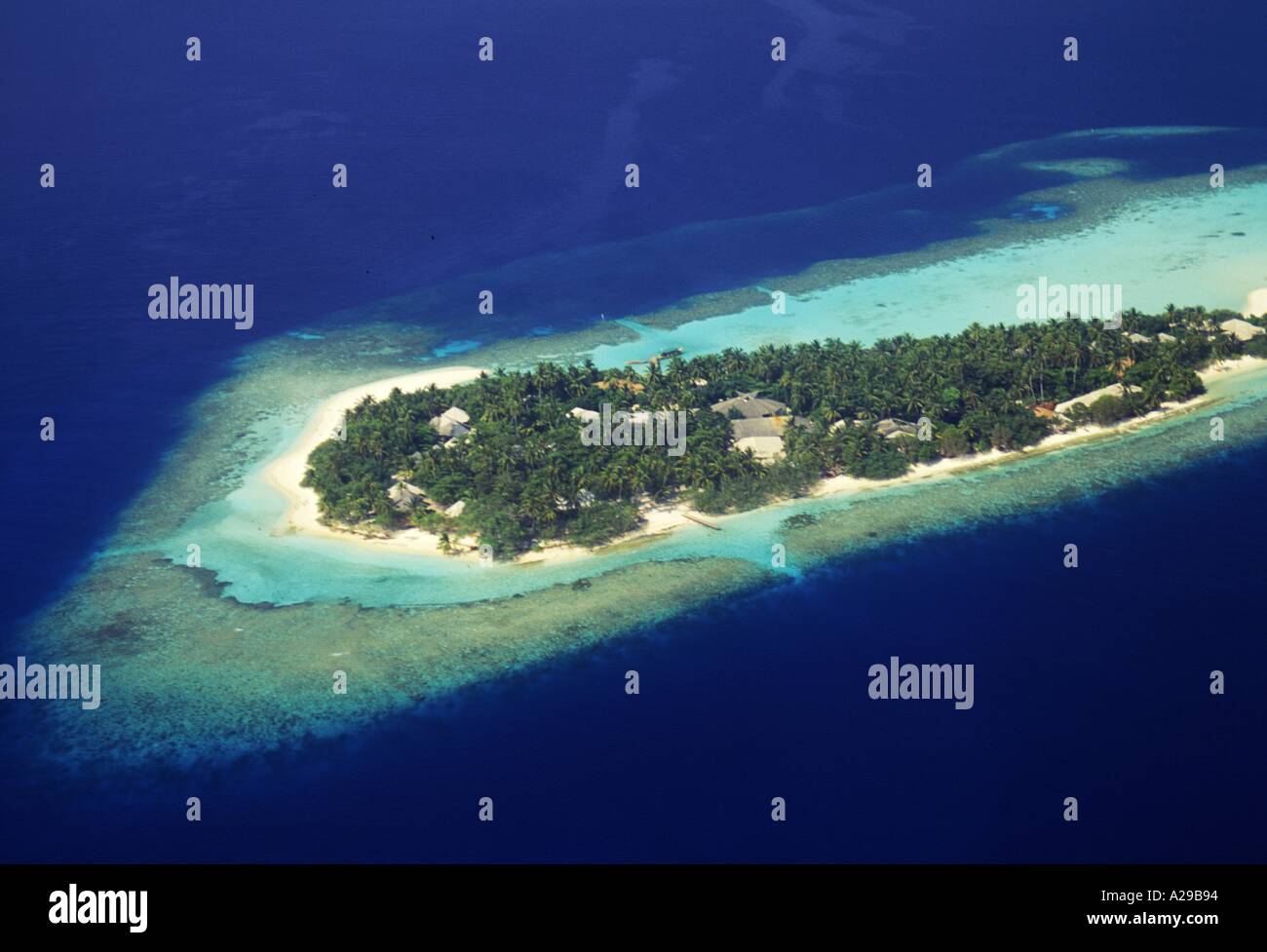 An aerial view of Embudu an island in the Maldives Indian Ocean F Hall Stock Photo