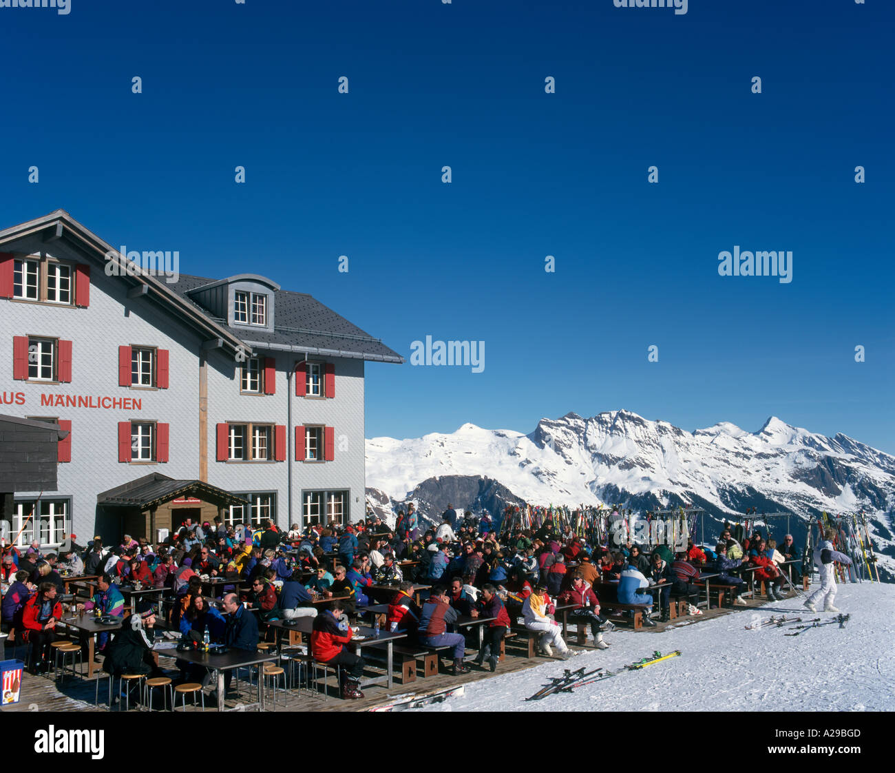 Berghaus Mannlichen mountain restaurant, Mannlichen Ski Area, Wengen/  Grindelwald, Swiss Alps, Switzerland Stock Photo - Alamy