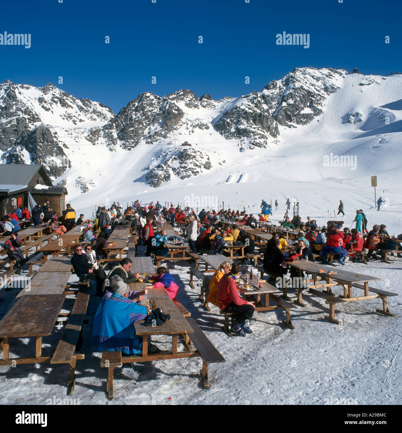 Restaurant below Mont Fort in the Mont Fort ski area, Verbier, Valois, Bernese, Alps Switzerland Stock Photo