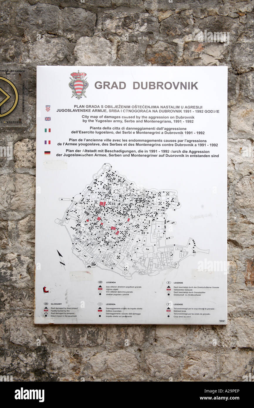Map of war damage on Dubrovnik, posted on entrance gate to the city. Croatia, Europe Stock Photo