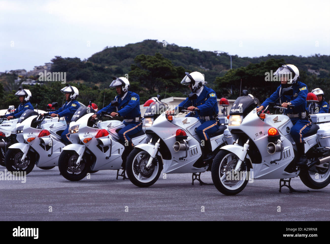 Japanese Motorcycle Police on Honda 750cc bikes at morning role call Stock Photo