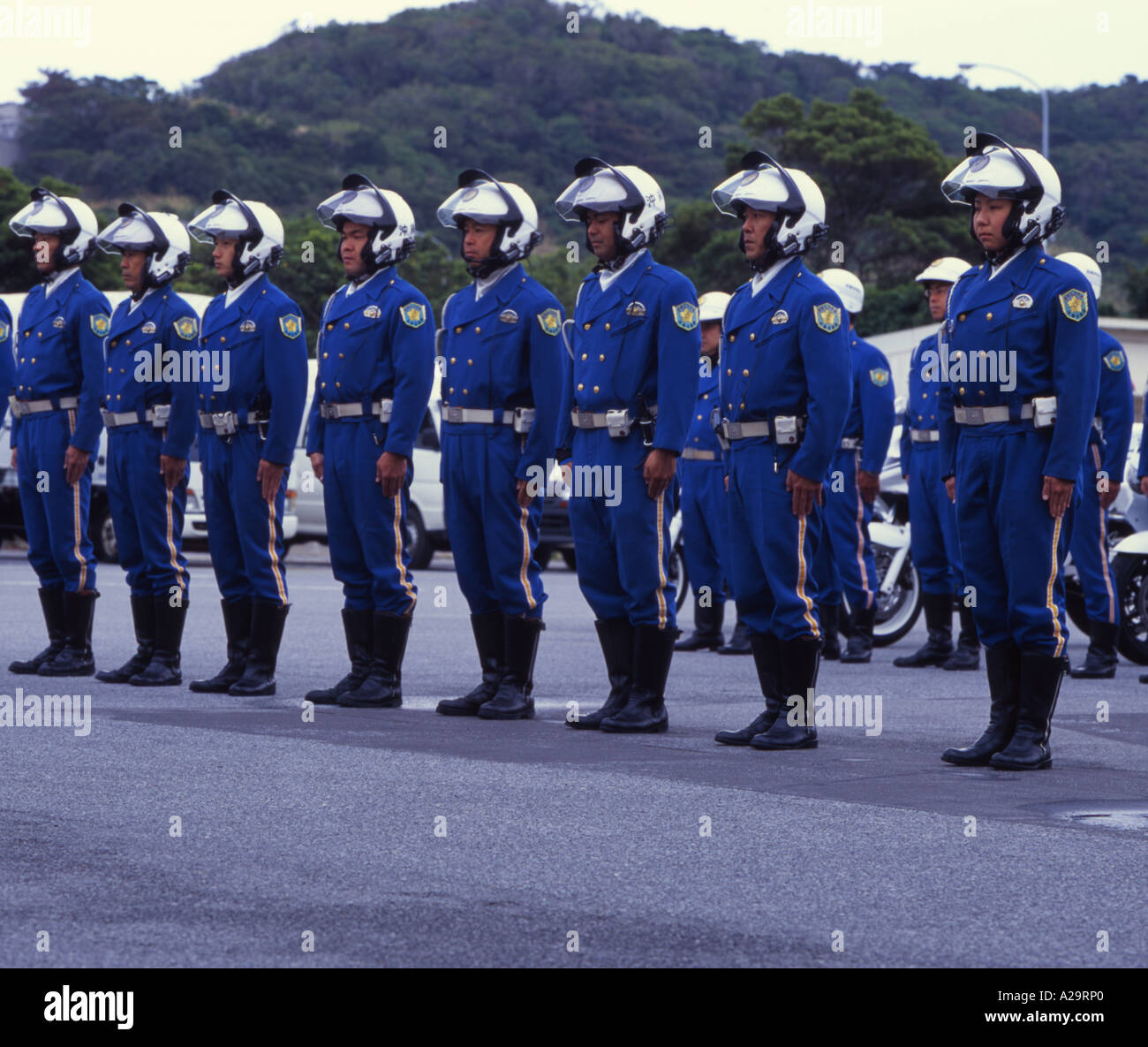 Motorcycle police at morning role call in Okinawa, Japan Stock