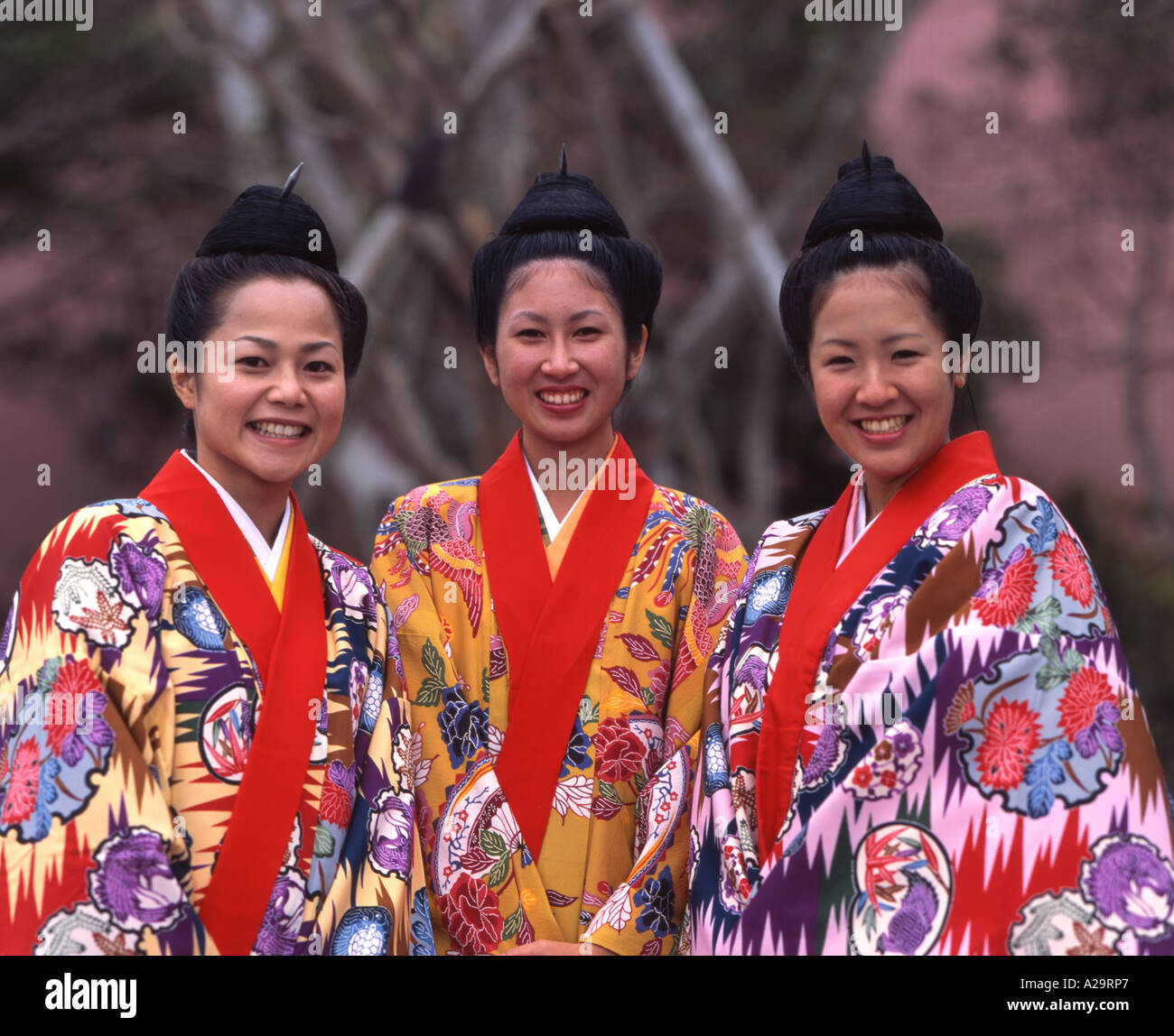 Okinawan young women in traditional Okinawan kimono Stock Photo