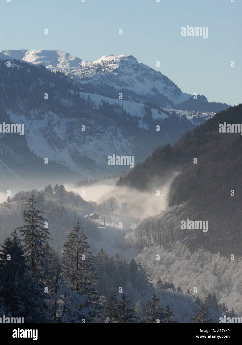 sunny winter landscape in the mountains - fog lifting Stock Photo