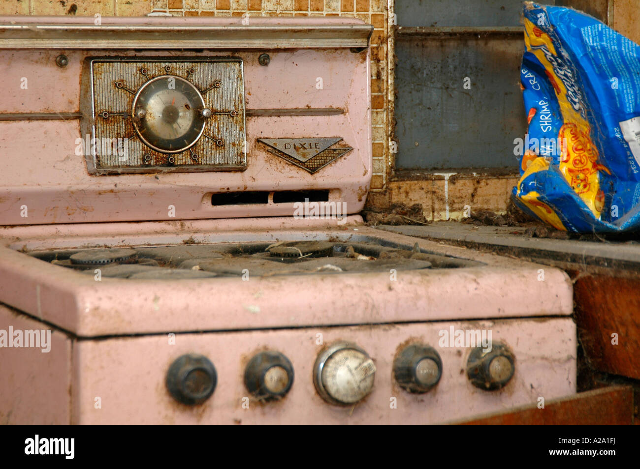 Stove inside of abandoned mobile home  on the shores of the Salton Sea, Salton City, California, USA. Stock Photo