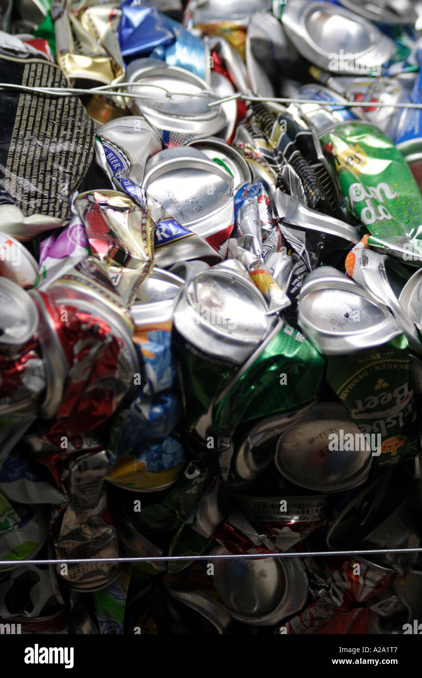Crushed aluminum cans in a recycling bail, Hong Kong, China Stock Photo