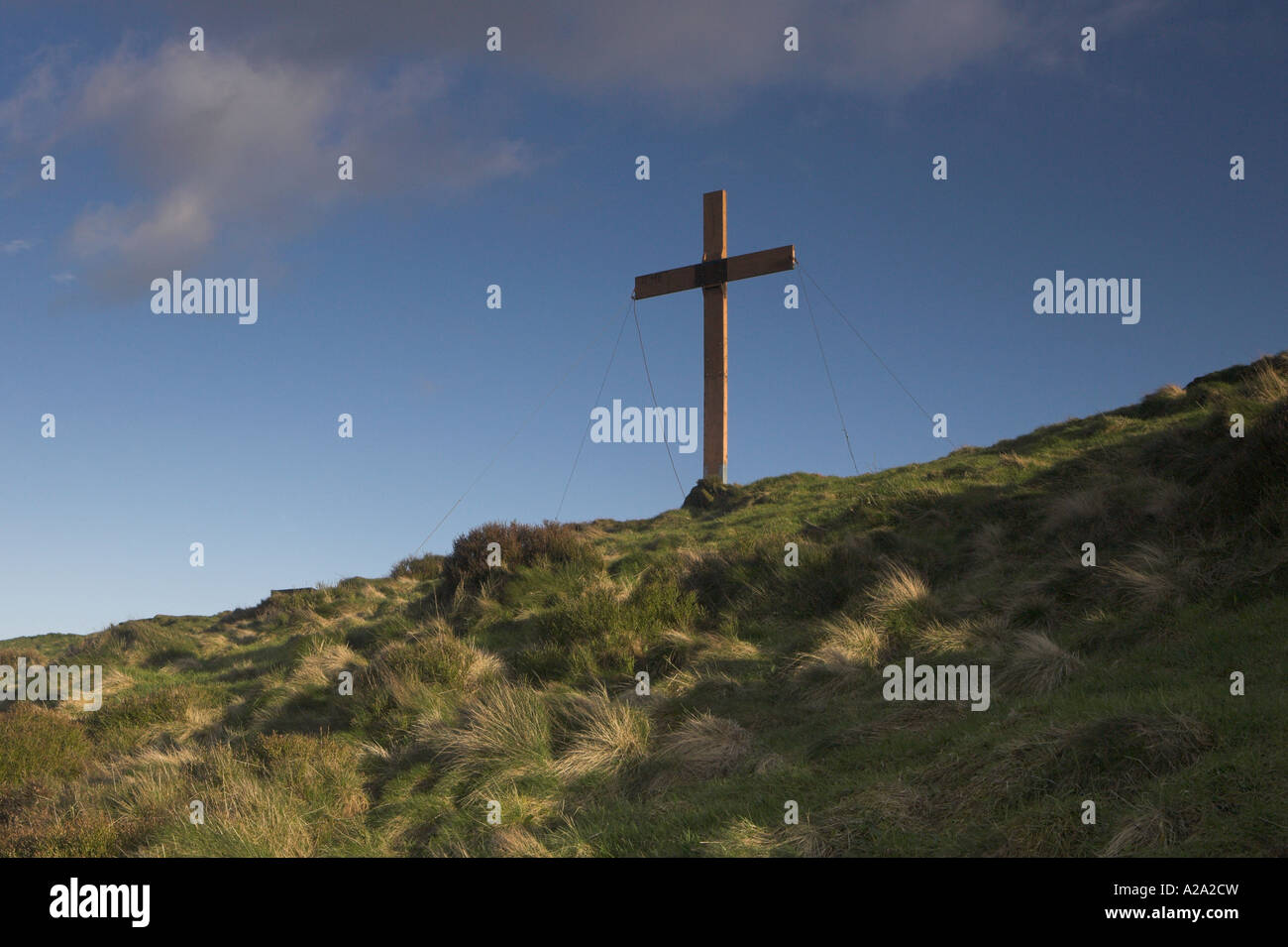 Large wooden cross. Erected on Otley Chevin, Yorkshire to celebrate Easter. Stock Photo