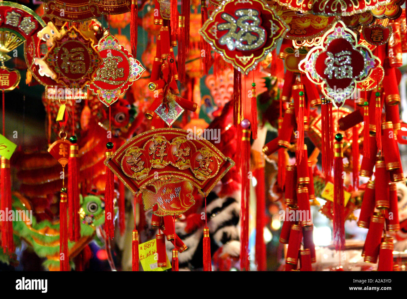 Lunar New Year banners hanging in the market, Wan Chai, Hong Kong SAR Stock Photo