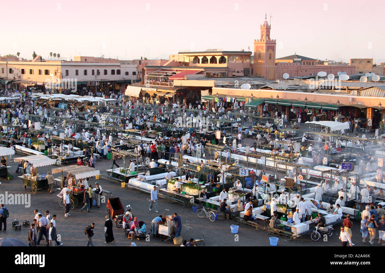 Food stalls in Jemma el Fna square at sunset Marrakech Morocco Stock Photo