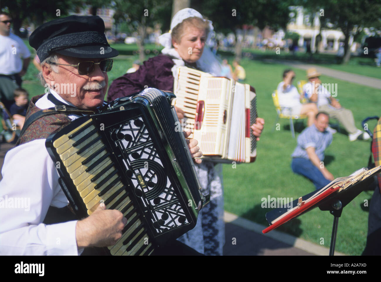 Musicians playing accordian at Tulip Time in Pella, Iowa. Stock Photo