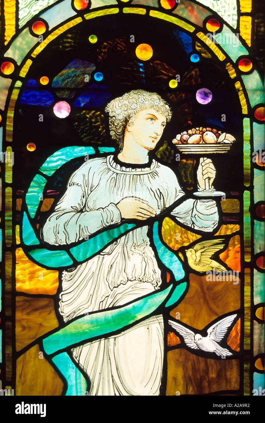 Part of a stained glass window originally from the Chester Woodward house in Topeka, Kansas