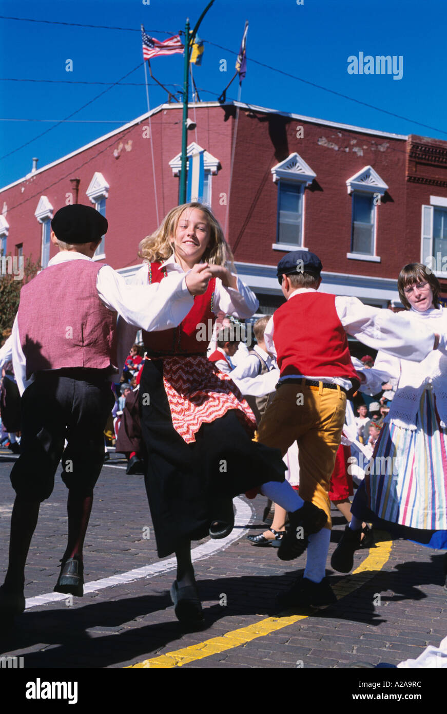Costumed dancers at the Svensk Hyllningsfest Swedish festival in Lindsborg, Kansas. Stock Photo
