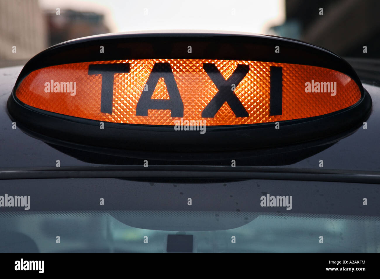 London taxi Black Cab for hire sign Stock Photo