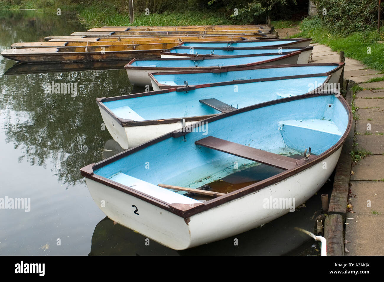 Rowing boats and punts for hire on the river Great Ouse Huntingdonshire near Houghton Mill Stock Photo