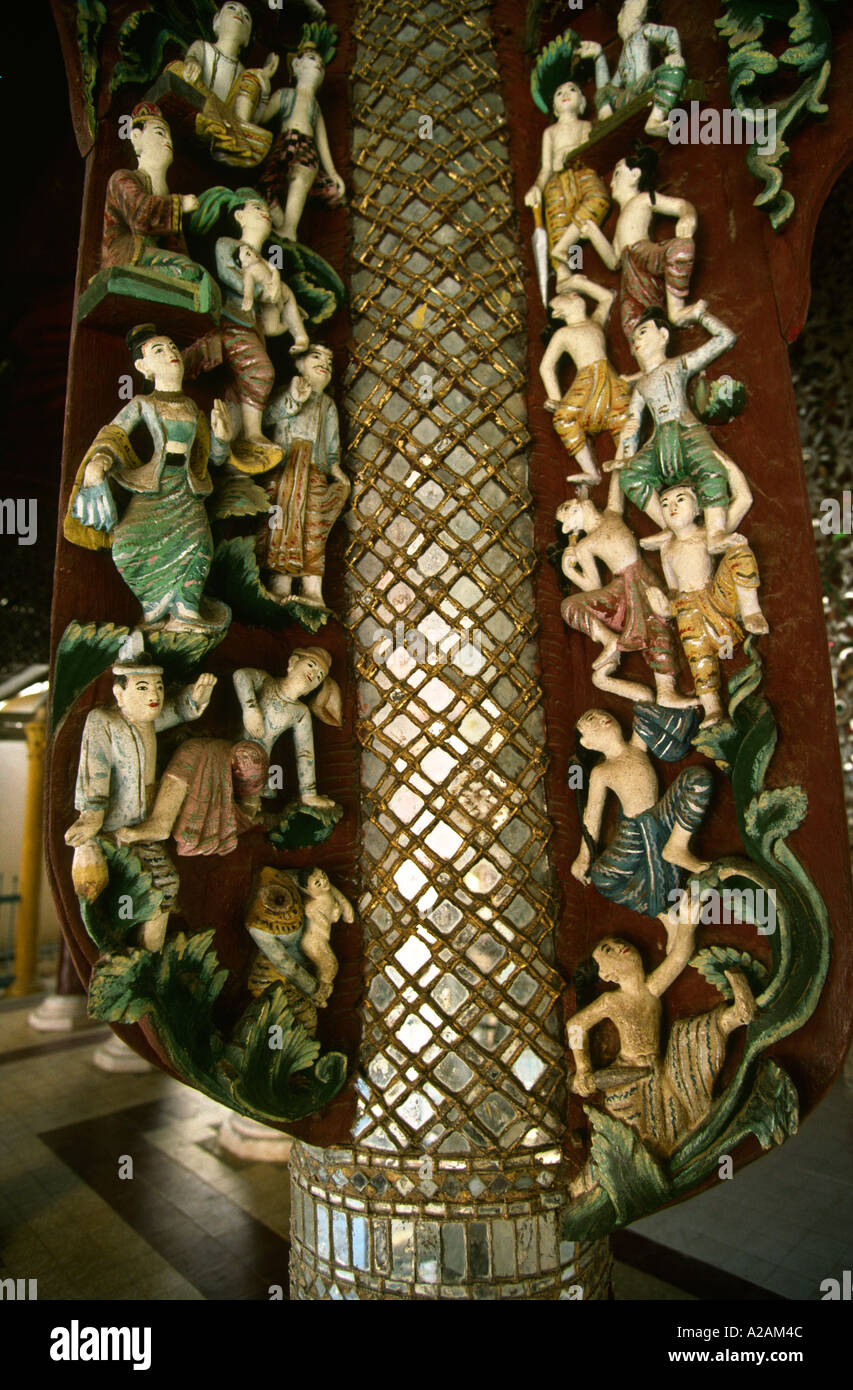 Myanmar Burma Pagan Bagan Shwezigon Pagoda wood carvings decorating temple pillar Stock Photo
