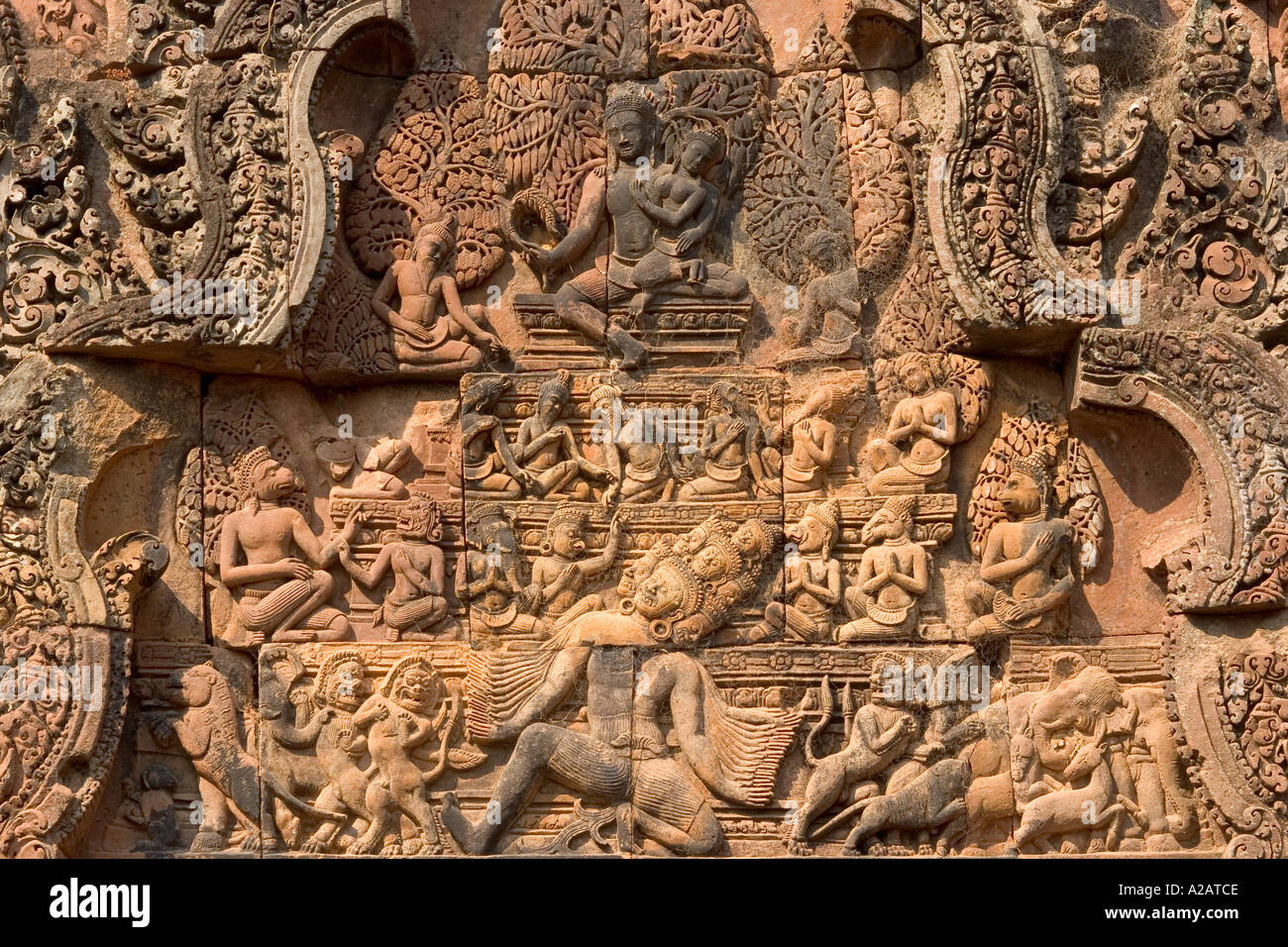 Cambodia Siem Reap Angkor Temples Banteay Srei Hindu Temple dedicated to Shiva Central citadel detail of carved lintel Stock Photo
