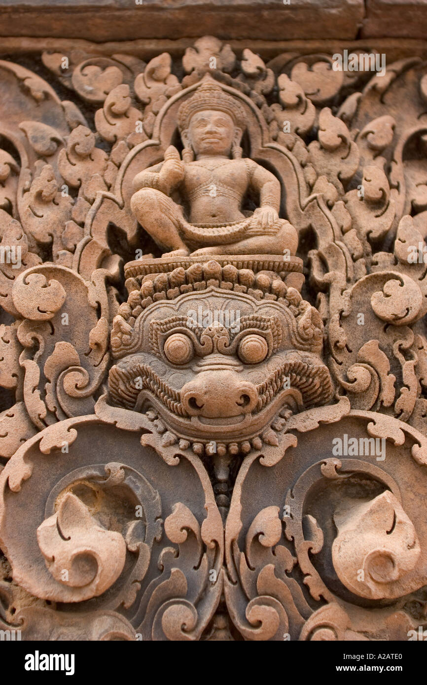Cambodia Siem Reap Angkor Temples Banteay Srei Hindu Temple dedicated to Shiva Central citadel detail of stone carving Stock Photo