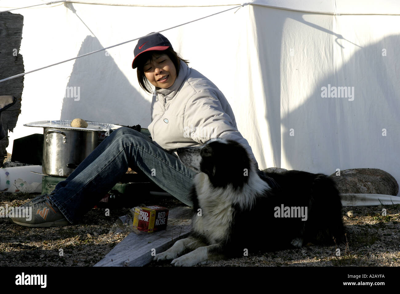 Chinese woman cooking at camp York Sound Baffin Island Nunavut Stock