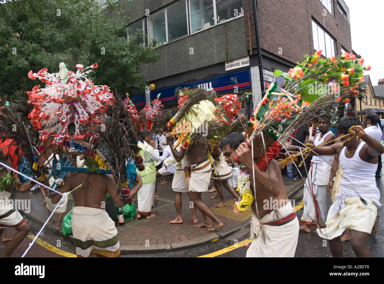 Young men from Sri Kanaga Thurkai Amman Temple performing Kavadi the annual Chariot Festival West Ealing London Stock Photo