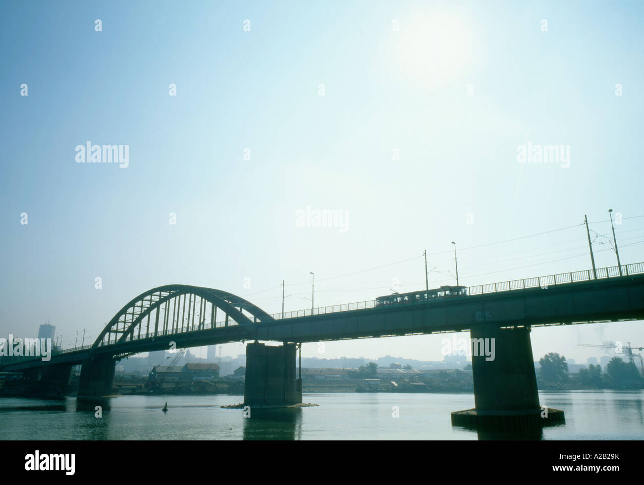 Tram crossing the Stari Savski Most over the Sava river, Belgrade ...