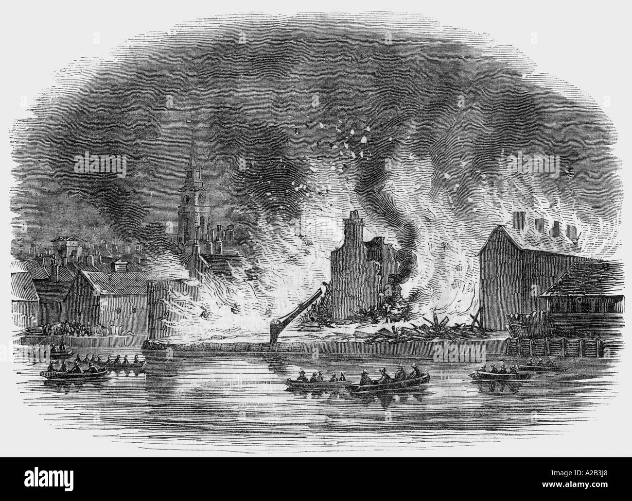 The Great Fire of Gravesend 2nd June 1844 Engraving from London Illustrated News  8 June 1844 Stock Photo